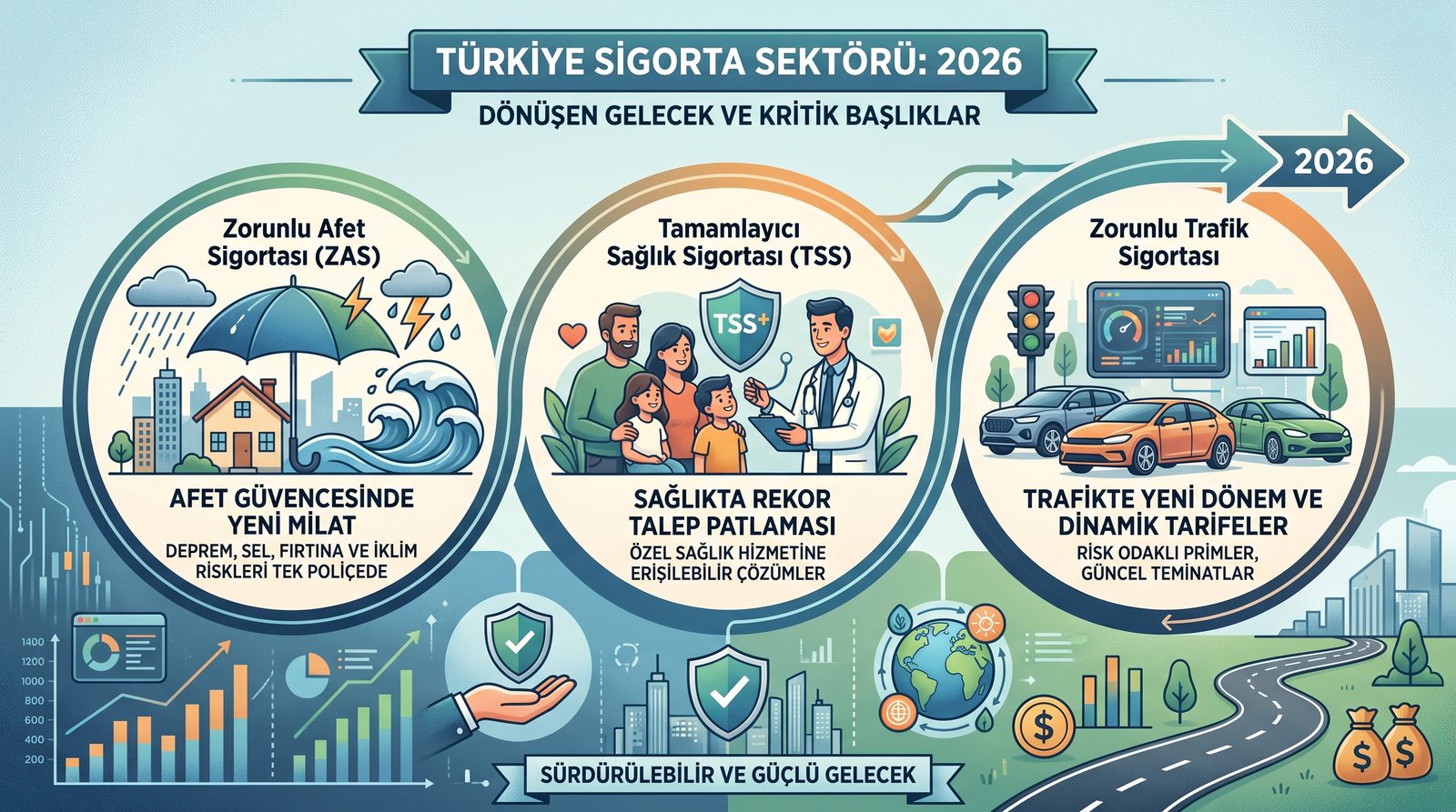 T&uuml;rkiye sigorta sekt&ouml;r&uuml; 2026 infografiği: Zorunlu Afet Sigortası, Tamamlayıcı Sağlık Sigortası ve Zorunlu Trafik Sigortası